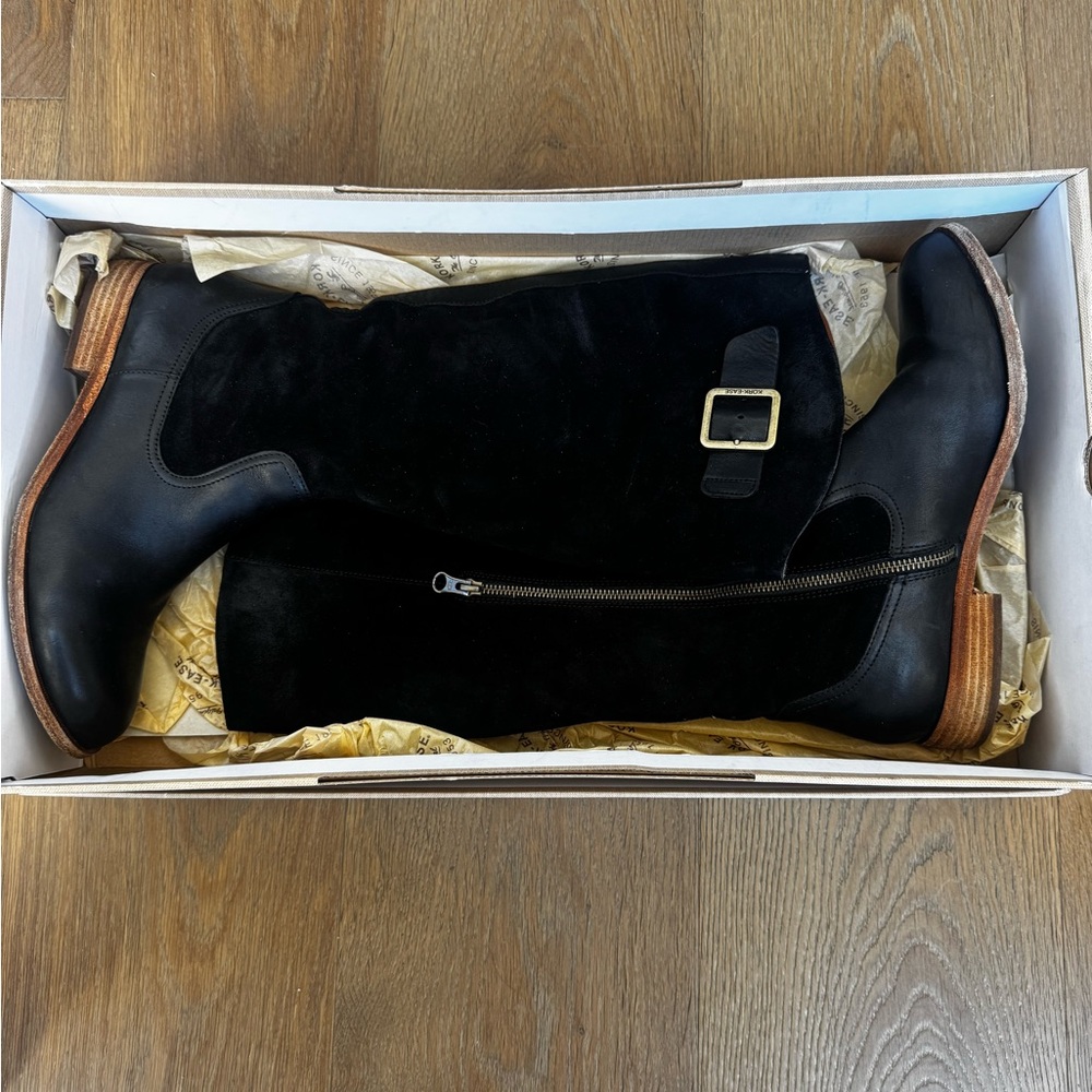 Black Leather Knee-High Boots with Buckle